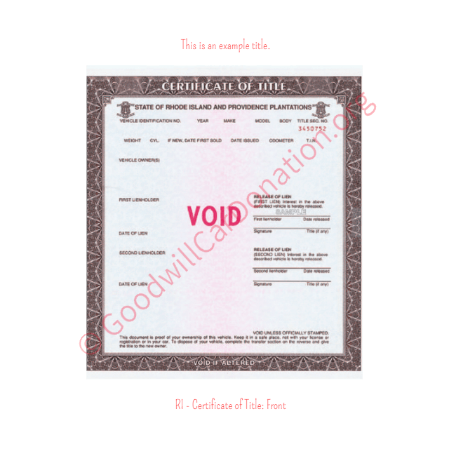 This is a Sample of RI-Certificate-of-Title-copy-2-Front | Goodwill Car Donations