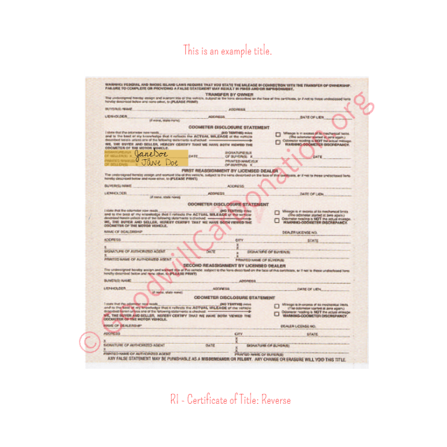 This is a Sample of RI-Certificate-of-Title-copy-2-Reverse | Goodwill Car Donations
