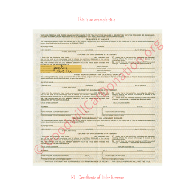 This is a Sample of RI-Certificate-of-Title-copy-3-Reverse | Goodwill Car Donations