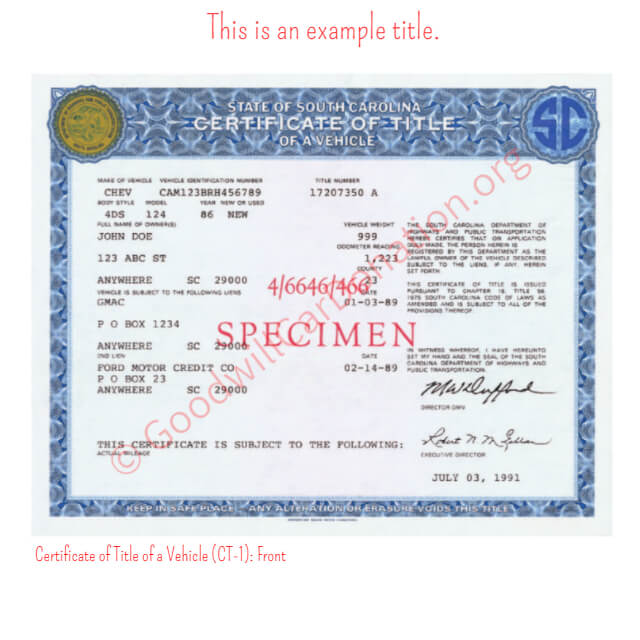 This is a Sample of SC Certificate of Title of a Vehicle (CT-1)- Front | Goodwill Car Donations