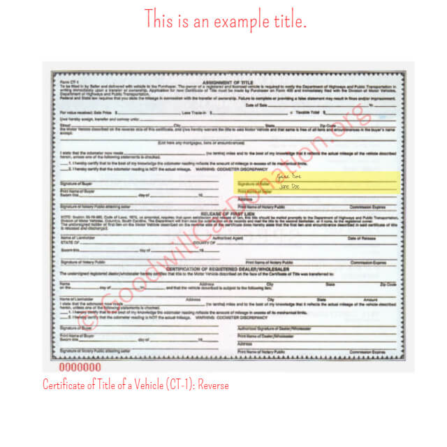 This is a Sample of SC Certificate of Title of a Vehicle (CT-1)- Reverse | Goodwill Car Donations