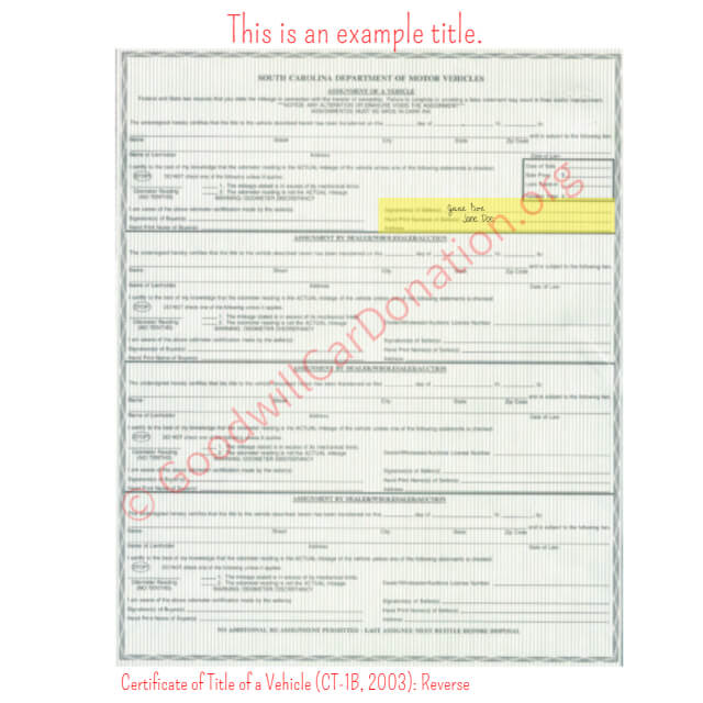 This is a Sample of SC Certificate of Title of a Vehicle (CT-1B, 2003)- Reverse | Goodwill Car Donations