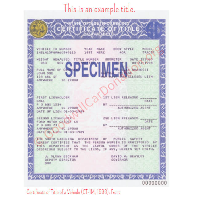 This is a Sample of SC Certificate of Title of a Vehicle (CT-1M, 1998)- Front | Goodwill Car Donations