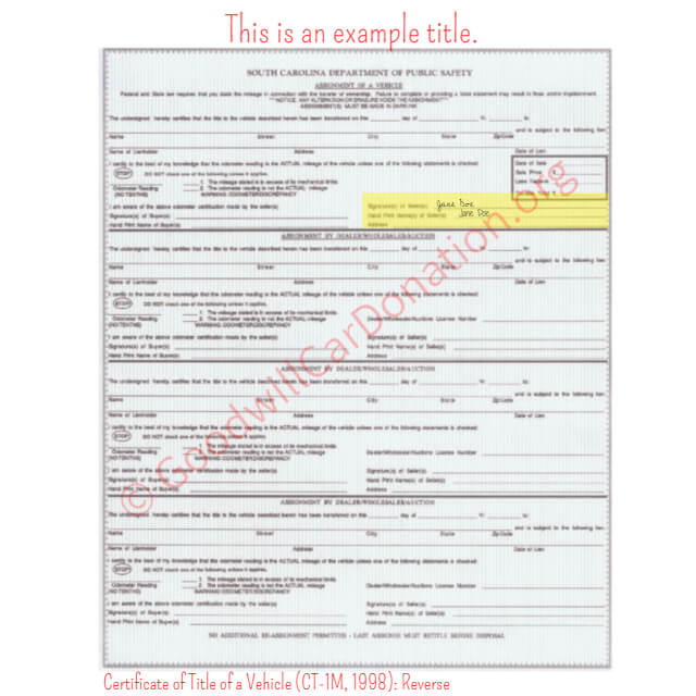 This is a Sample of SC Certificate of Title of a Vehicle (CT-1M, 1998)- Reverse | Goodwill Car Donations