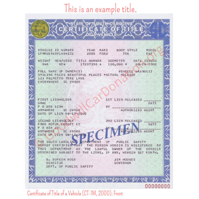 This is a Sample of SC Certificate of Title of a Vehicle (CT-1M, 2000)- Front | Goodwill Car Donations