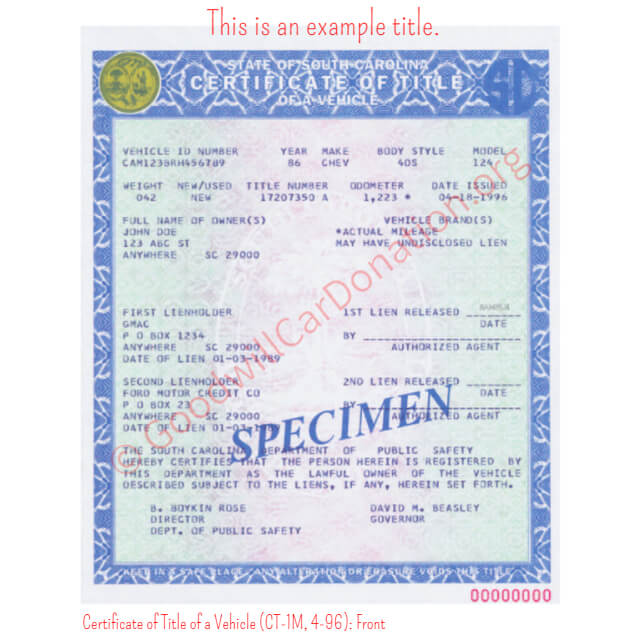 This is a Sample of SC Certificate of Title of a Vehicle (CT-1M, 4-96)- Front | Goodwill Car Donations
