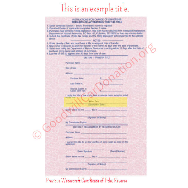 This is a Sample of SC Previous Watercraft Certificate of Title- Reverse | Goodwill Car Donations
