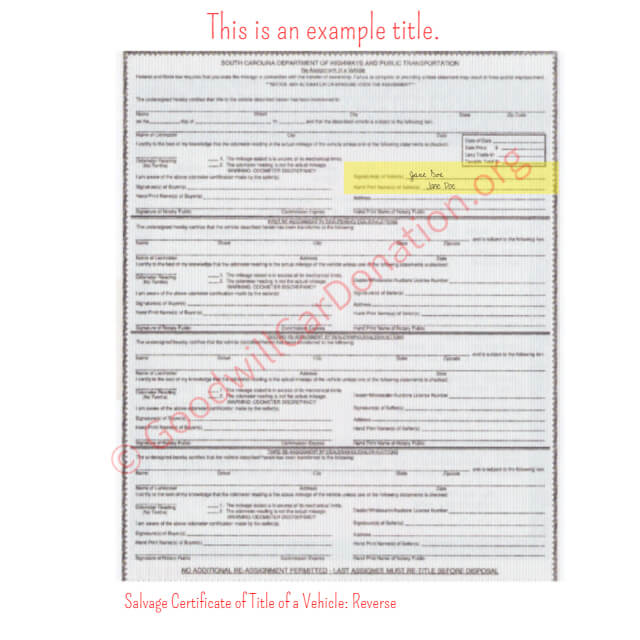 This is a Sample of SC Salvage Certificate of Title of a Vehicle- Reverse | Goodwill Car Donations