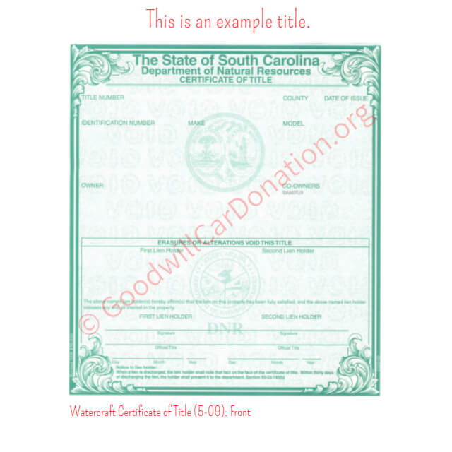 This is a Sample of SC Watercraft Certificate of Title (5-09)- Front | Goodwill Car Donations
