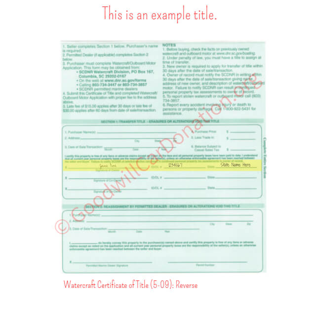This is a Sample of SC Watercraft Certificate of Title (5-09)- Reverse | Goodwill Car Donations