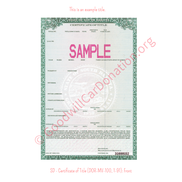 This is a Sample of SD - Certificate of Title (DOR-MV-100, 1-91)- Front | Goodwill Car Donations