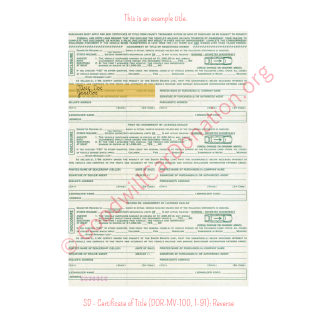 This is a Sample of SD - Certificate of Title (DOR-MV-100, 1-91)- Reverse | Goodwill Car Donations