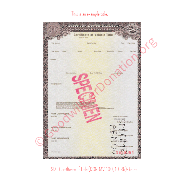 This is a Sample of SD - Certificate of Title (DOR-MV-100, 10-85)- Front | Goodwill Car Donations