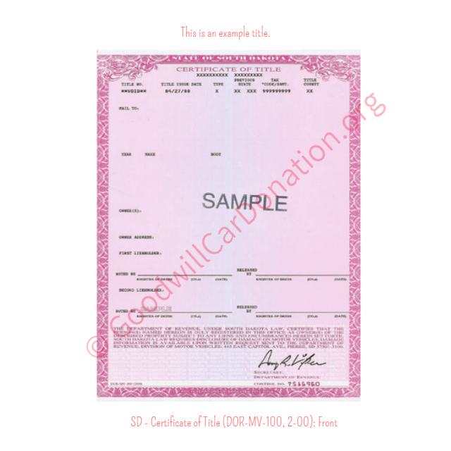 This is a Sample of SD - Certificate of Title (DOR-MV-100, 2-00)- Front | Goodwill Car Donations