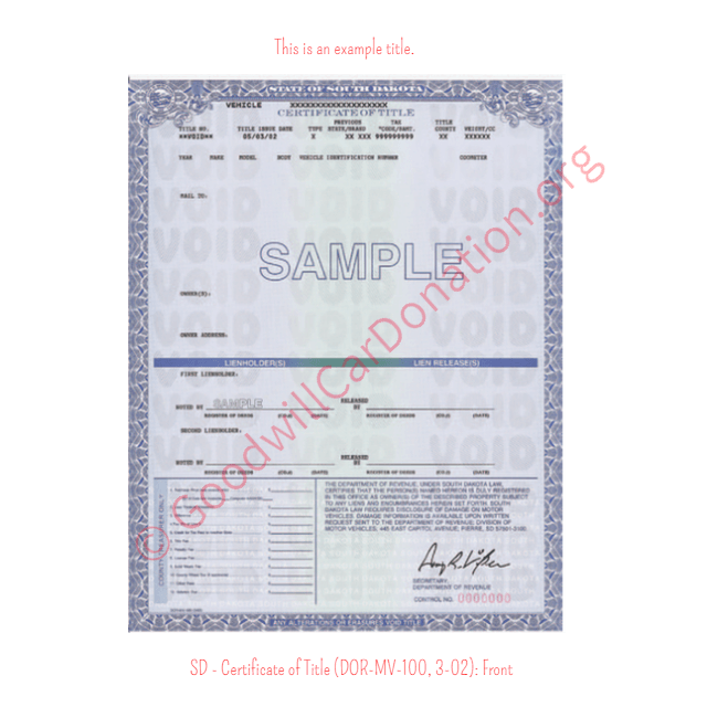 This is a Sample of SD - Certificate of Title (DOR-MV-100, 3-02)- Front | Goodwill Car Donations