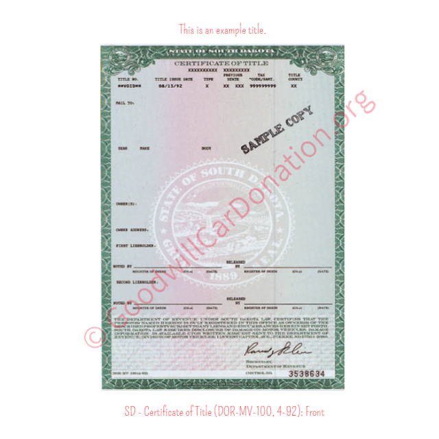 This is a Sample ofSD - Certificate of Title (DOR-MV-100, 4-92)- Front | Goodwill Car Donations