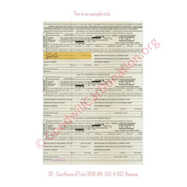 This is a Sample of SD - Certificate of Title (DOR-MV-100, 4-92)- Reverse | Goodwill Car Donations
