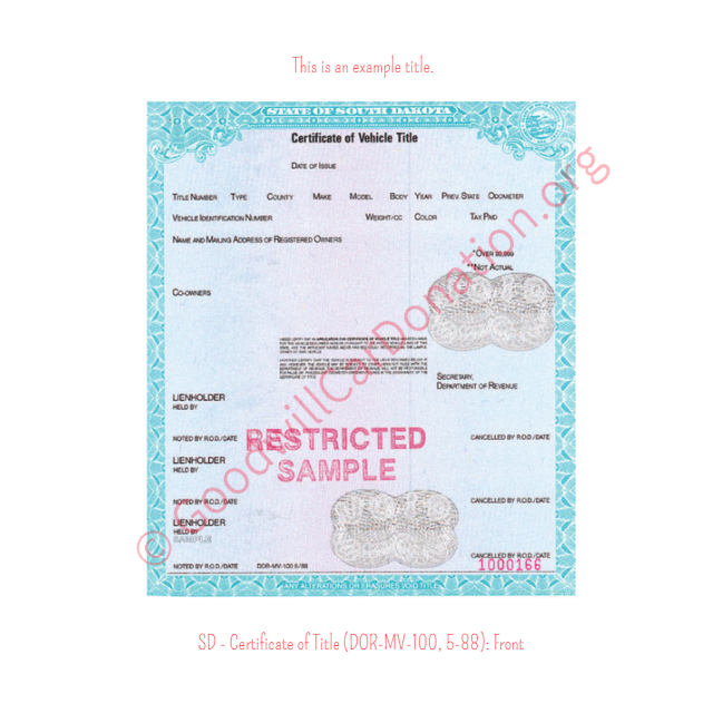 This is a Sample of SD - Certificate of Title (DOR-MV-100, 5-88)- Front | Goodwill Car Donations