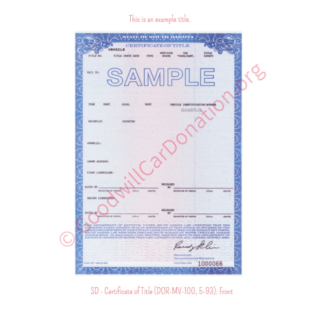 This is a Sample of SD - Certificate of Title (DOR-MV-100, 5-93)- Front | Goodwill Car Donations