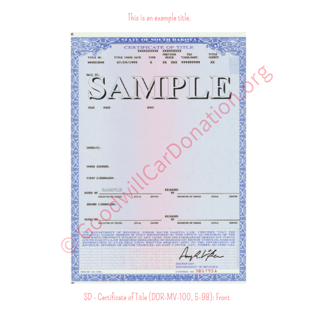 This is a Sample of SD - Certificate of Title (DOR-MV-100, 5-98)- Front | Goodwill Car Donations