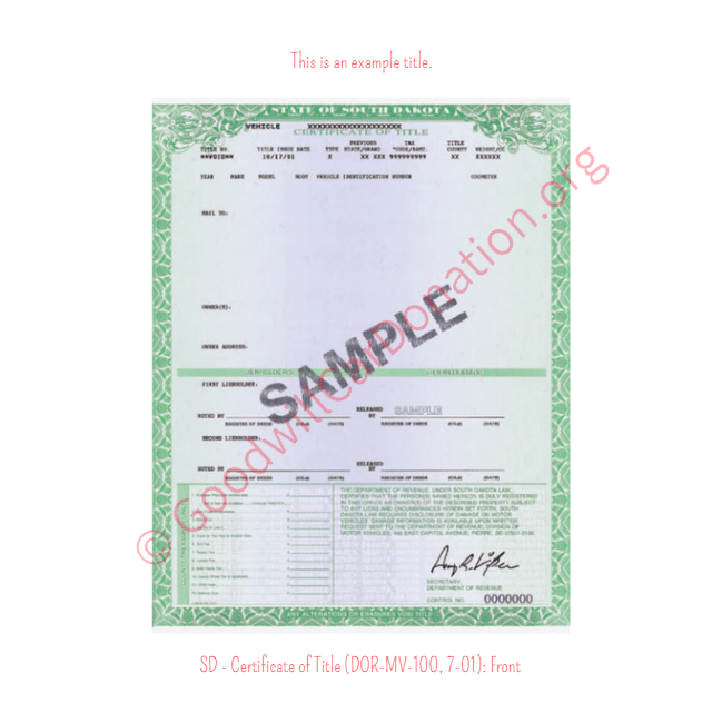 This is a Sample of SD - Certificate of Title (DOR-MV-100, 7-01)- Front | Goodwill Car Donations