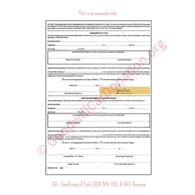This is a Sample of SD - Certificate of Title (DOR-MV-100, 9-84)- Rreverse | Goodwill Car Donations