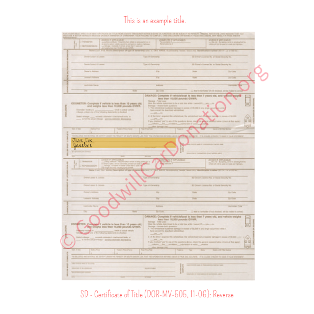 This is a Sample of SD - Certificate of Title (DOR-MV-505, 11-06)- Reverse | Goodwill Car Donations