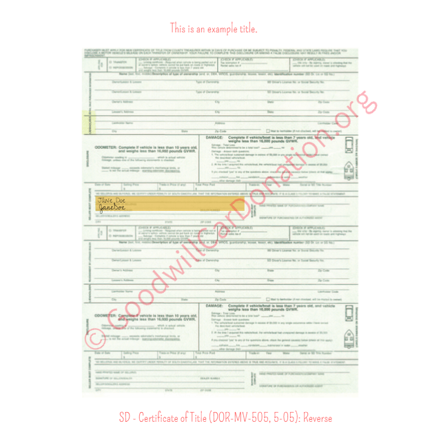 This is a Sample of SD - Certificate of Title (DOR-MV-505, 5-05)- Reverse | Goodwill Car Donations