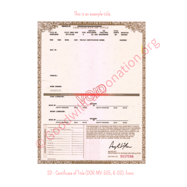 This is a Sample of SD - Certificate of Title (DOR-MV-505, 6-03)- Front | Goodwill Car Donations