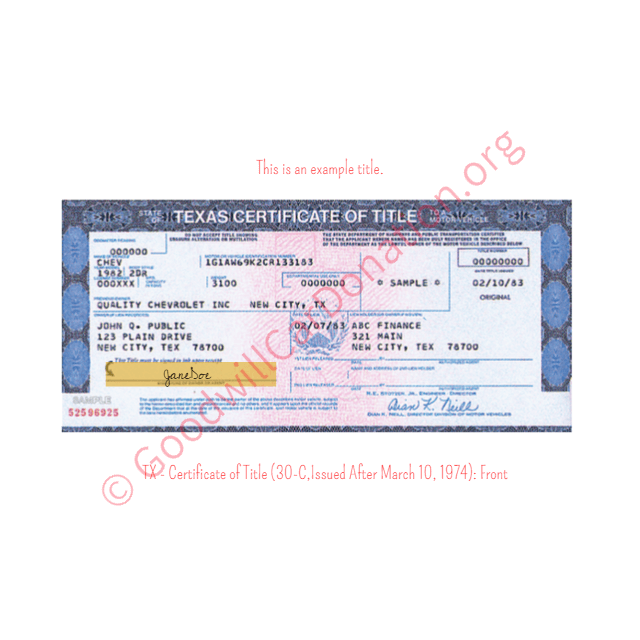 This is a Sample of TX - Certificate of Title (30-C,Issued After March 10, 1974)- Front | Goodwill Car Donations