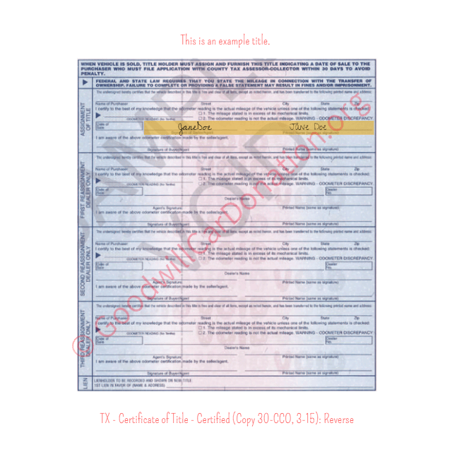 This is a Sample of TX - Certificate of Title - Certified (Copy 30-CCO, 3-15)- Reverse | Goodwill Car Donations