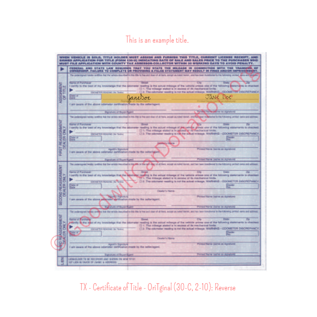 This is a Sample of TX - Certificate of Title - OriTginal (30-C, 2-10)- Reverse | Goodwill Car Donations