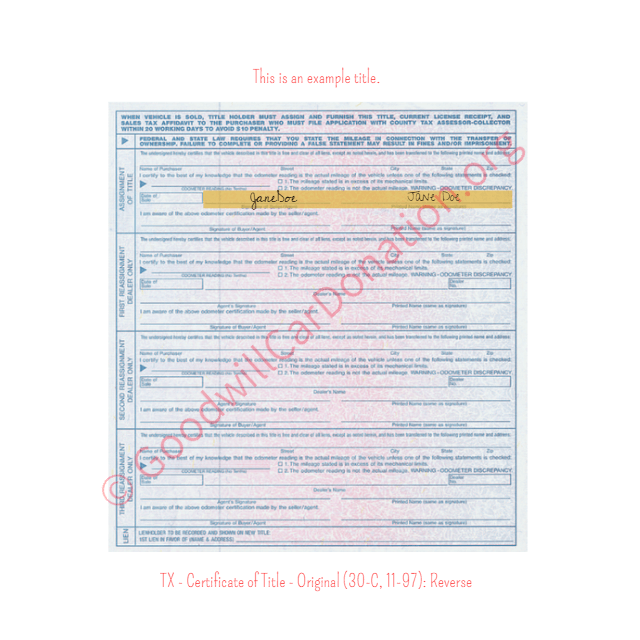 This is a Sample of TX - Certificate of Title - Original (30-C, 11-97)- Reverse | Goodwill Car Donations