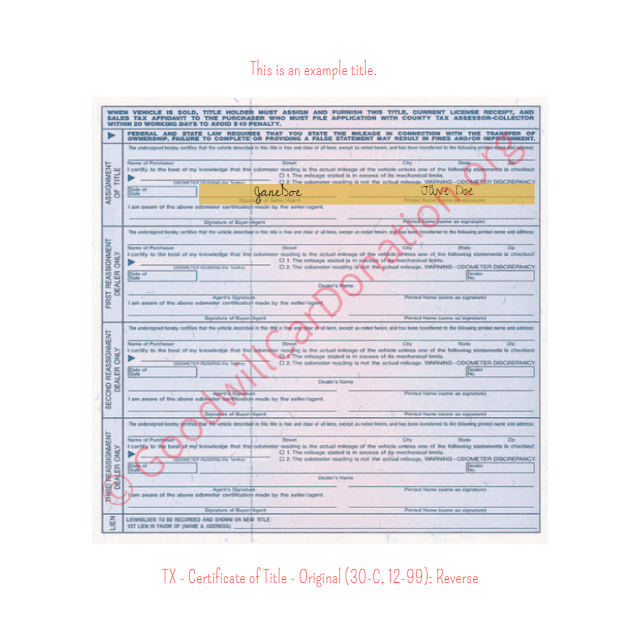 This is a Sample of TX - Certificate of Title - Original (30-C, 12-99)- Reverse | Goodwill Car Donations