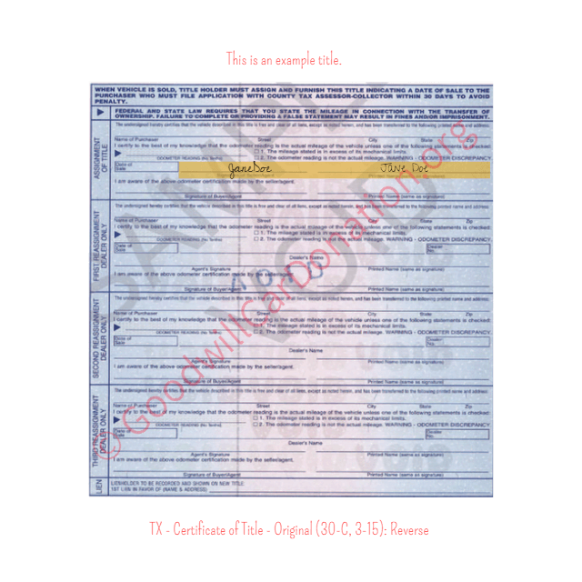 This is a Sample of TX - Certificate of Title - Original (30-C, 3-15)- Reverse | Goodwill Car Donations