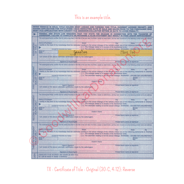 This is a Sample of TX - Certificate of Title - Original (30-C, 4-12)- Reverse | Goodwill Car Donations