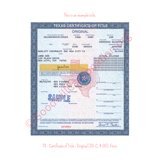 This is a Sample of TX - Certificate of Title - Original (30-C, 4-90)- Front | Goodwill Car Donations