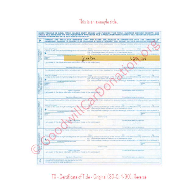 This is a Sample of TX - Certificate of Title - Original (30-C, 4-90)- Reverse | Goodwill Car Donations