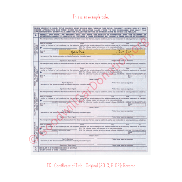 This is a Sample of TX - Certificate of Title - Original (30-C, 5-02)- Reverse | Goodwill Car Donations