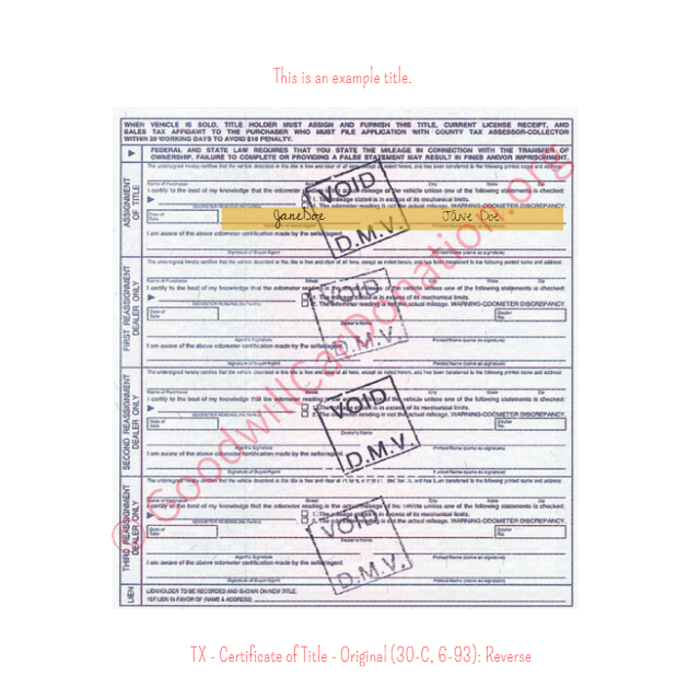 This is a Sample of TX - Certificate of Title - Original (30-C, 6-93)- Reverse | Goodwill Car Donations