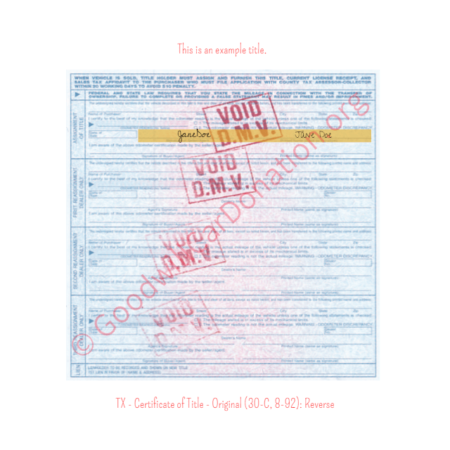This is a Sample of TX - Certificate of Title - Original (30-C, 8-92)- Reverse | Goodwill Car Donations