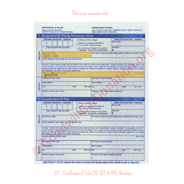 This is a Sample of UT-Certificate-of-Title-TC-127-4-94-Reverse | Goodwill Car Donations