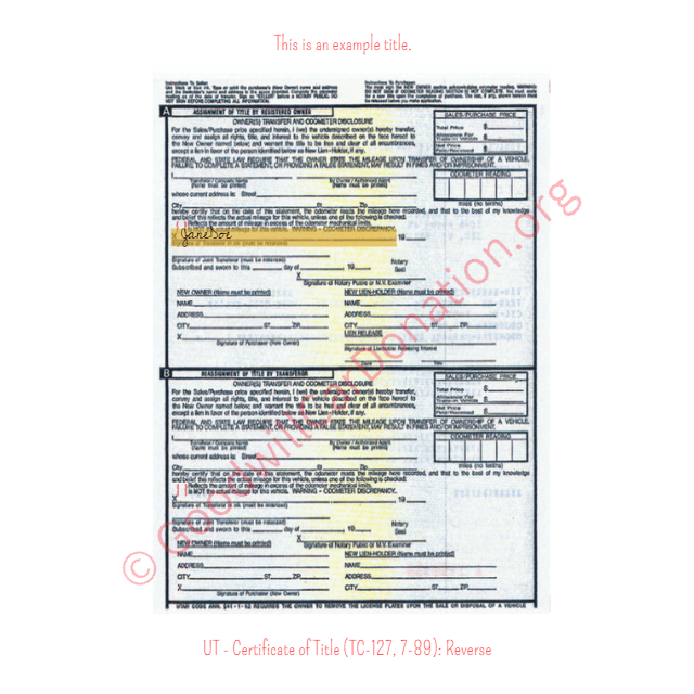 This is a Sample of UT-Certificate-of-Title-TC-127-7-89-Reverse | Goodwill Car Donations