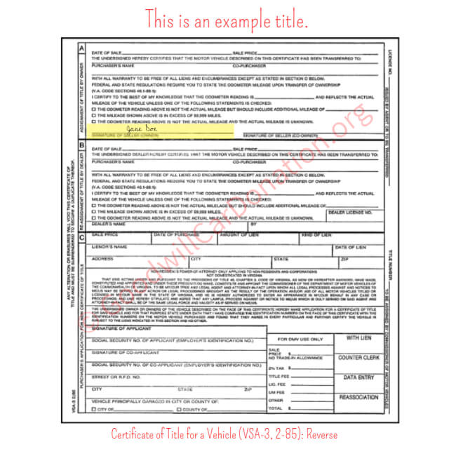 This is a Sample of VA-Certificate-of-Title-for-a-Vehicle-VSA-3-2-85-Reverse | Goodwill Car Donations