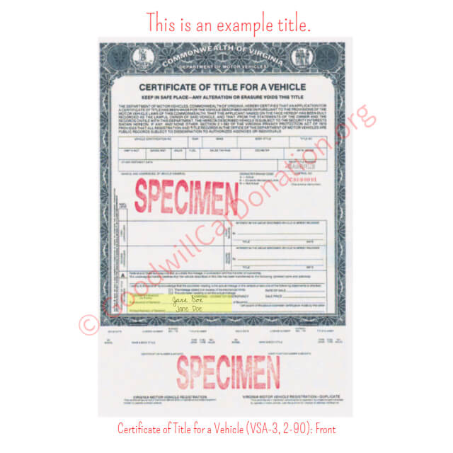This is a Sample of VA-Certificate-of-Title-for-a-Vehicle-VSA-3-2-90-Front | Goodwill Car Donations