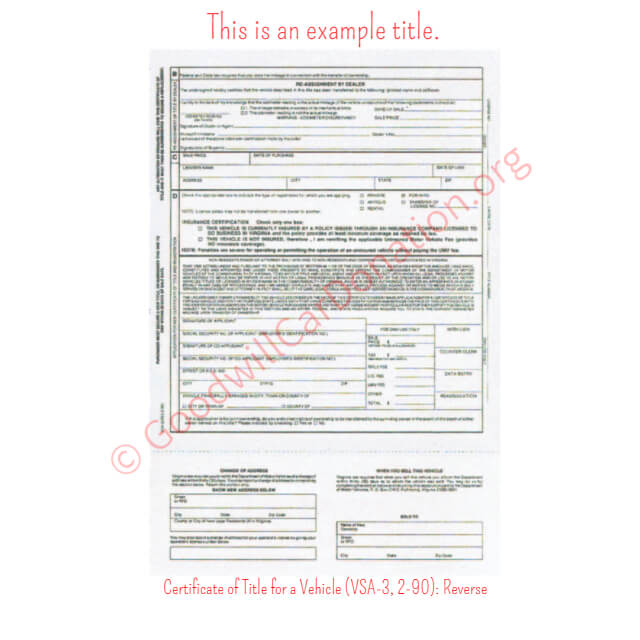 This is a Sample of VA-Certificate-of-Title-for-a-Vehicle-VSA-3-2-90-Reverse | Goodwill Car Donations
