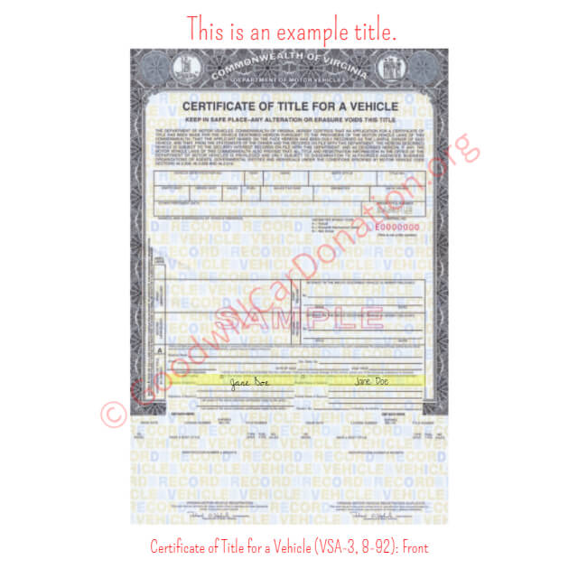 This is a Sample of VA-Certificate-of-Title-for-a-Vehicle-VSA-3-8-92-Front | Goodwill Car Donations