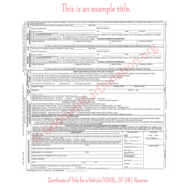 This is a Sample of VA-Certificate-of-Title-for-a-Vehicle-VSA3L-07-08-Reverse | Goodwill Car Donations