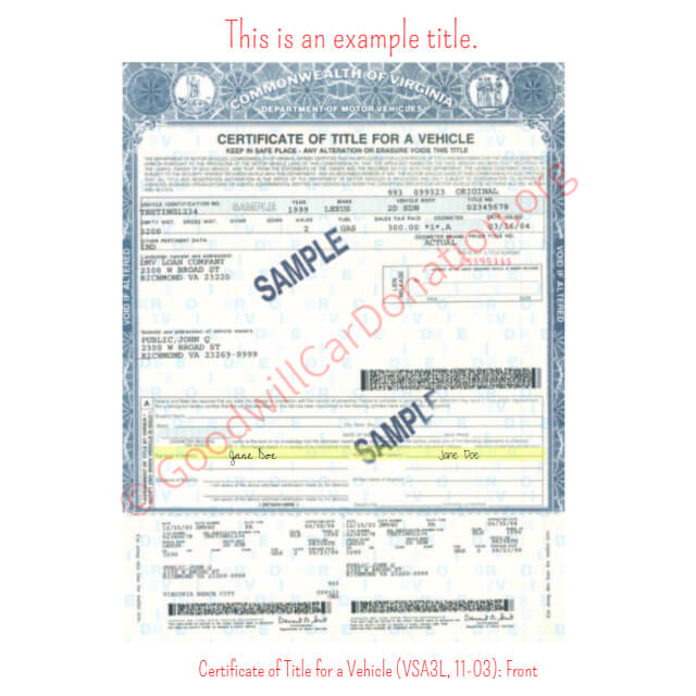 This is a Sample of VA-Certificate-of-Title-for-a-Vehicle-VSA3L-11-03-Front | Goodwill Car Donations