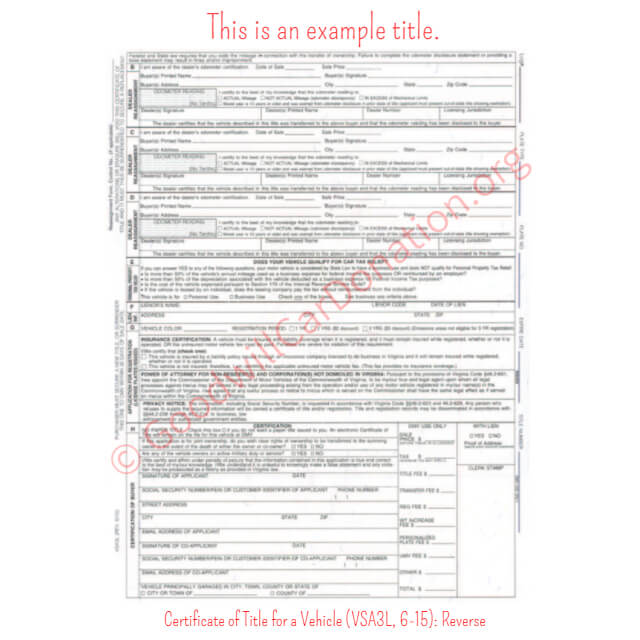 This is a Sample of VA-Certificate-of-Title-for-a-Vehicle-VSA3L-6-15-Reverse | Goodwill Car Donations